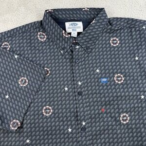 AFTCO Shirt Mens 2XL Grey Fishing Button Up Short Sleeve AOP Shark Geometric